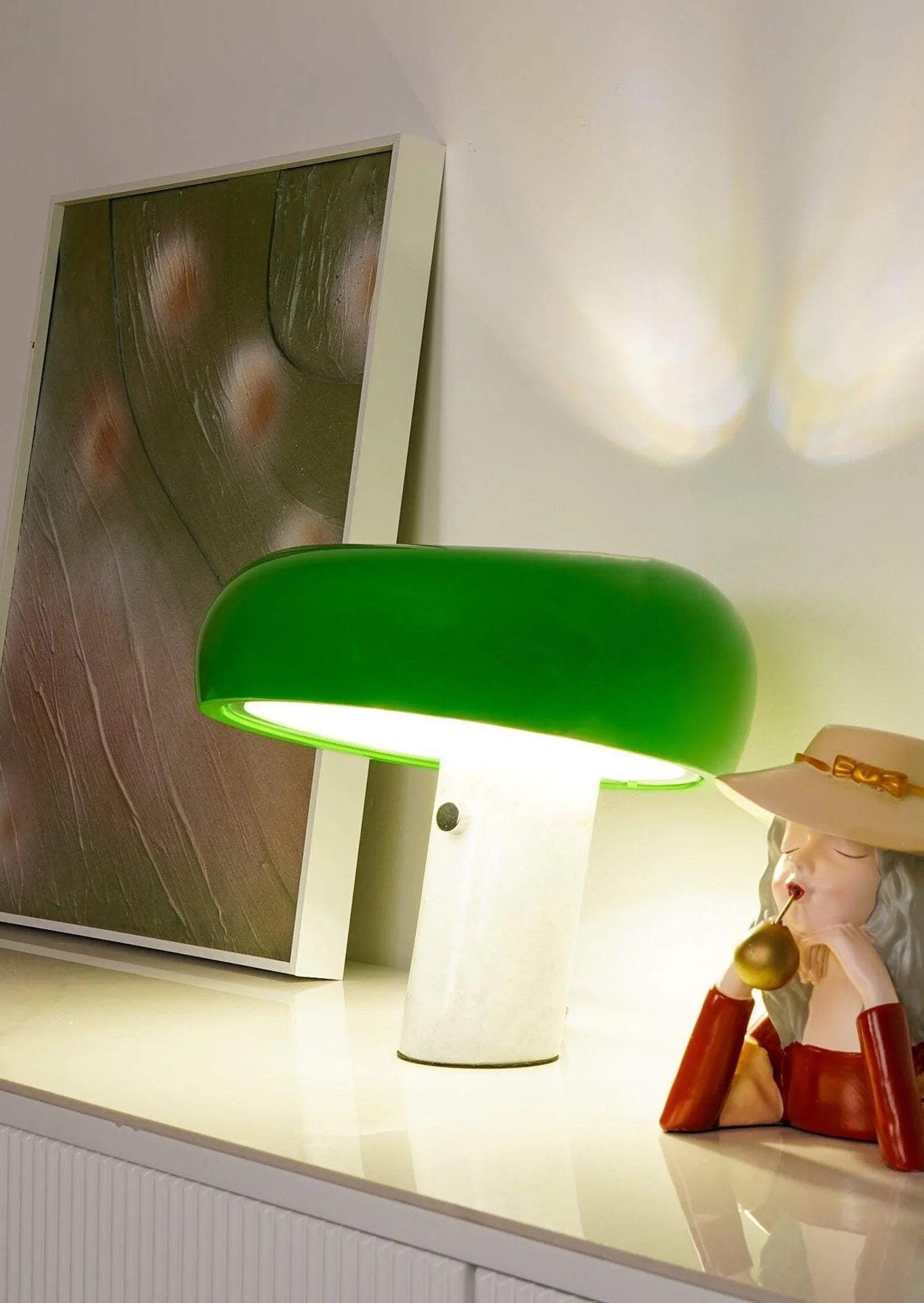 Lampe champignon verte en verre et marbre blanc