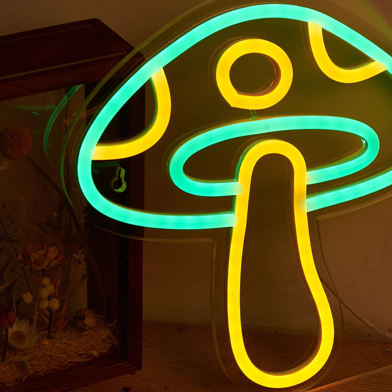 Lampe néon LED champignon vert et jaune