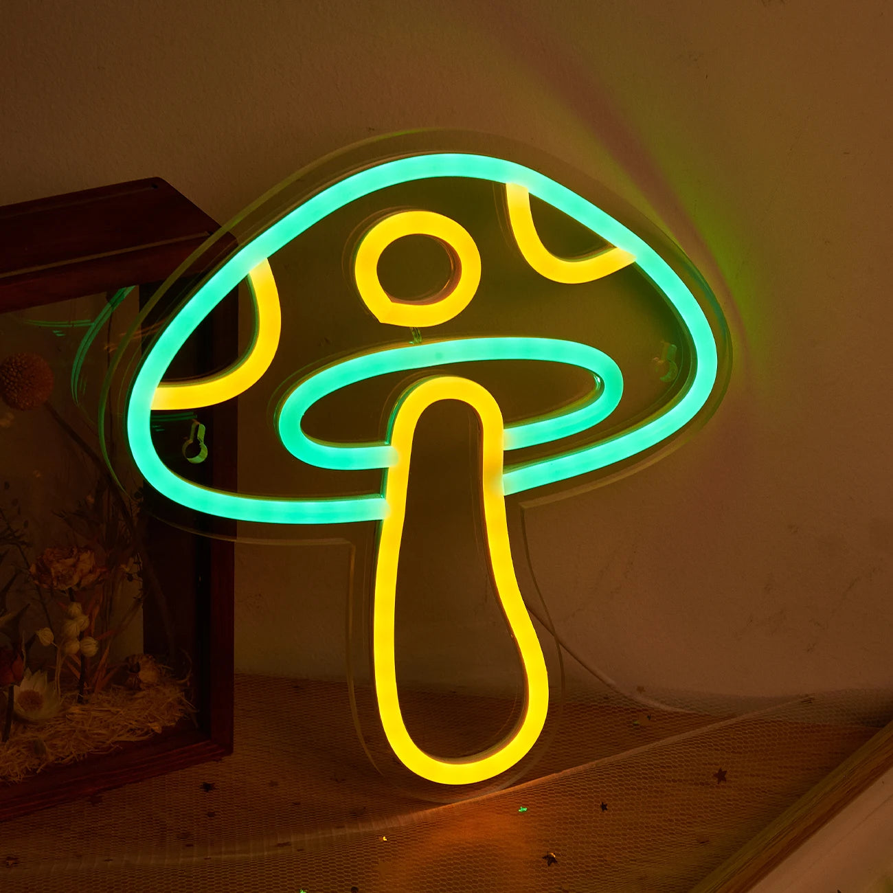 Lampe néon LED champignon vert et jaune