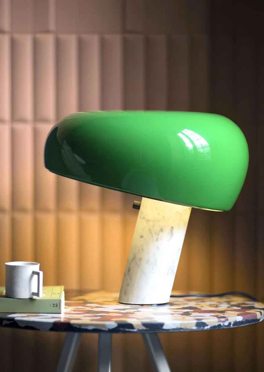 Lampe à poser champignon verte en verre et marbre blanc