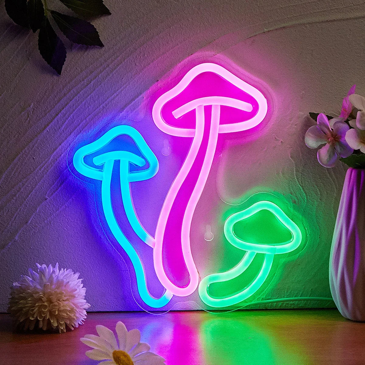 Lampe LED champignon néon rose bleu et vert